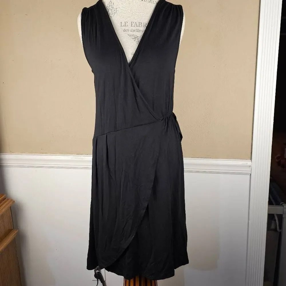 Garnet Hill Womens Black Sleeveless Faux Wrap Dress Large
